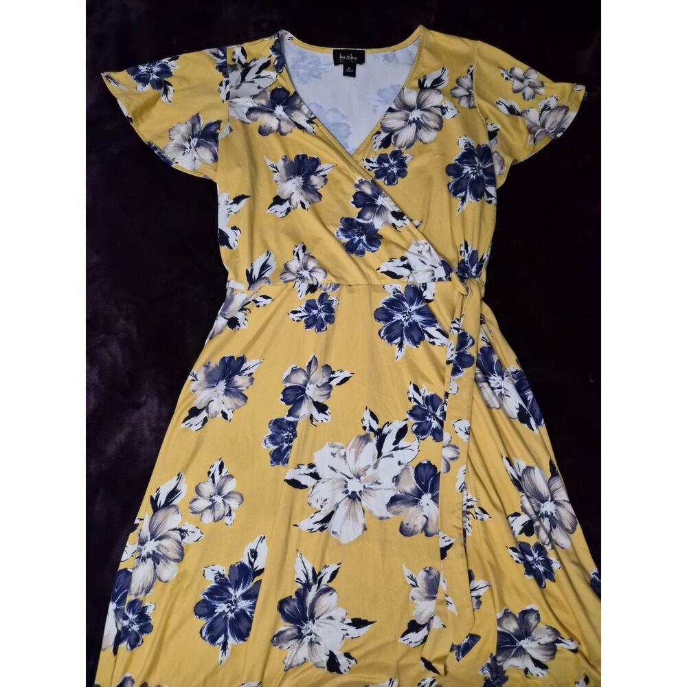 Sixe XL By&By Yellow And Navy Floral Hi-Low Wrap Vneck Flutter Sleeve Dress